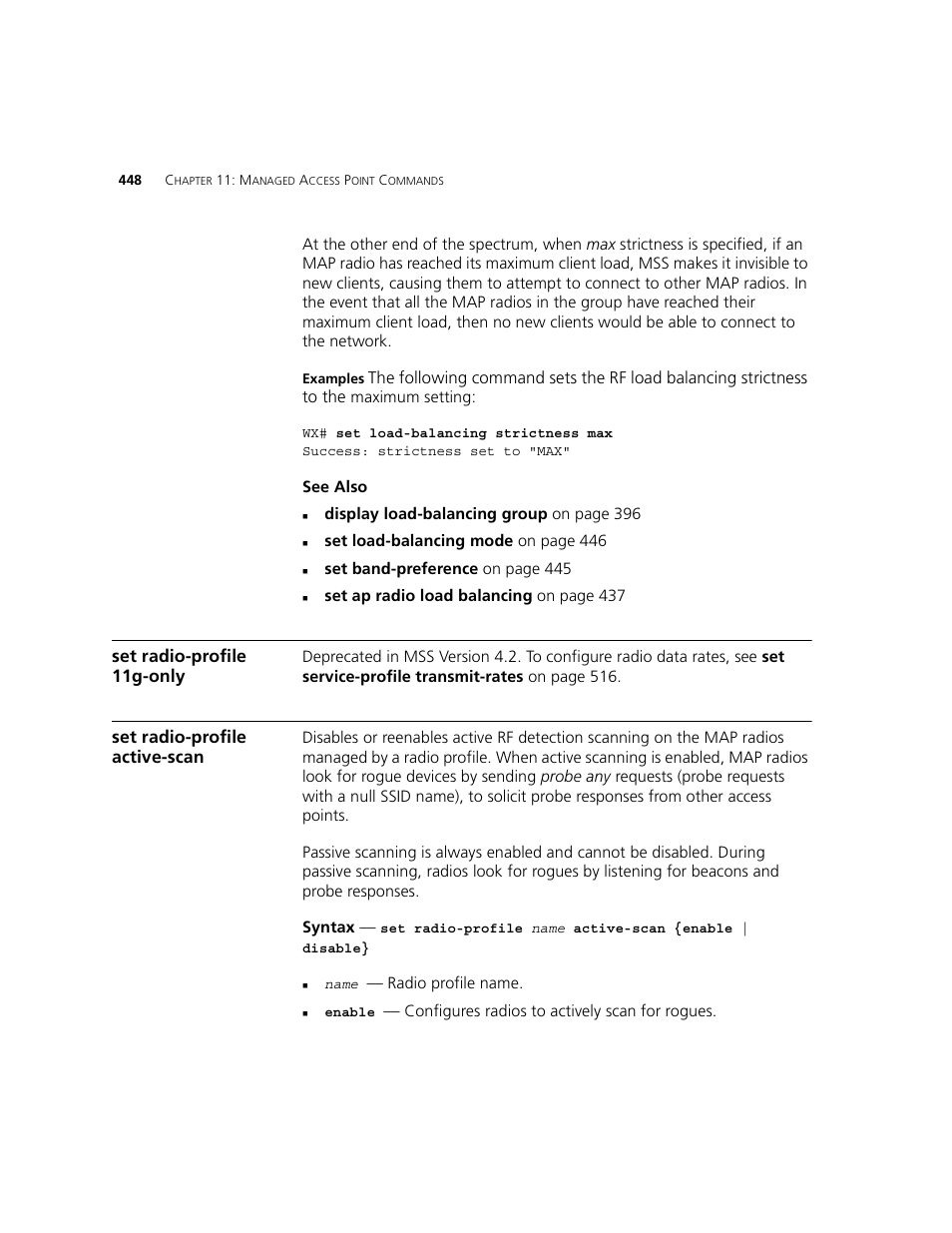 Set radio-profile 11g-only, Set radio-profile active-scan | 3Com WXR100 3CRWXR10095A User Manual | Page 448 / 800