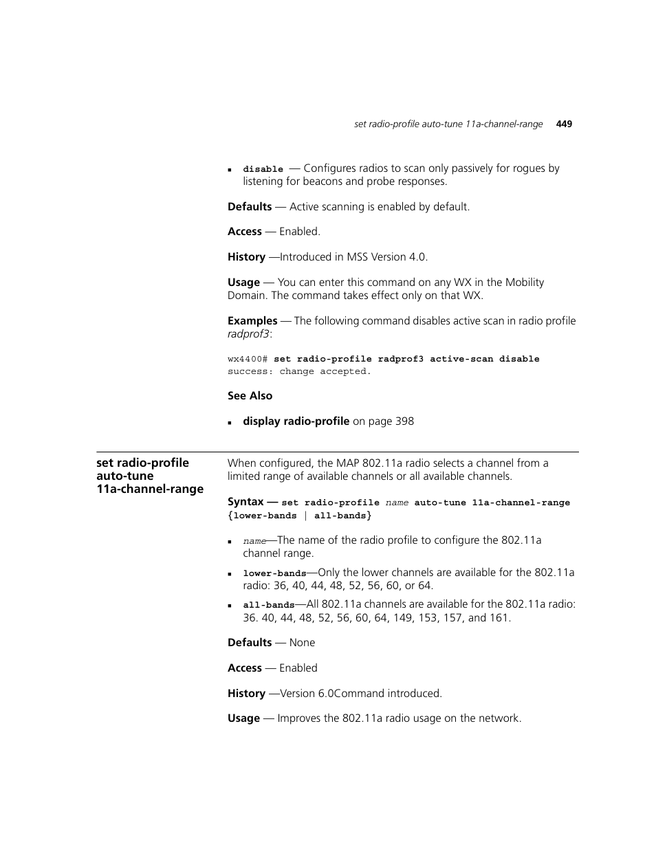 Set radio-profile auto-tune 11a-channel-range | 3Com WXR100 3CRWXR10095A User Manual | Page 449 / 800