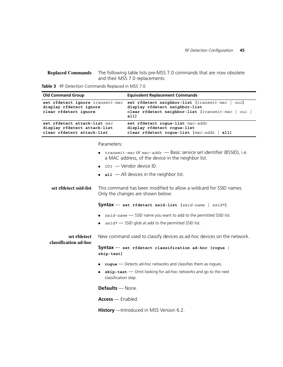 Replaced commands, Set rfdetect ssid-list, Set rfdetect classification ad-hoc | 3Com WXR100 3CRWXR10095A User Manual | Page 45 / 800