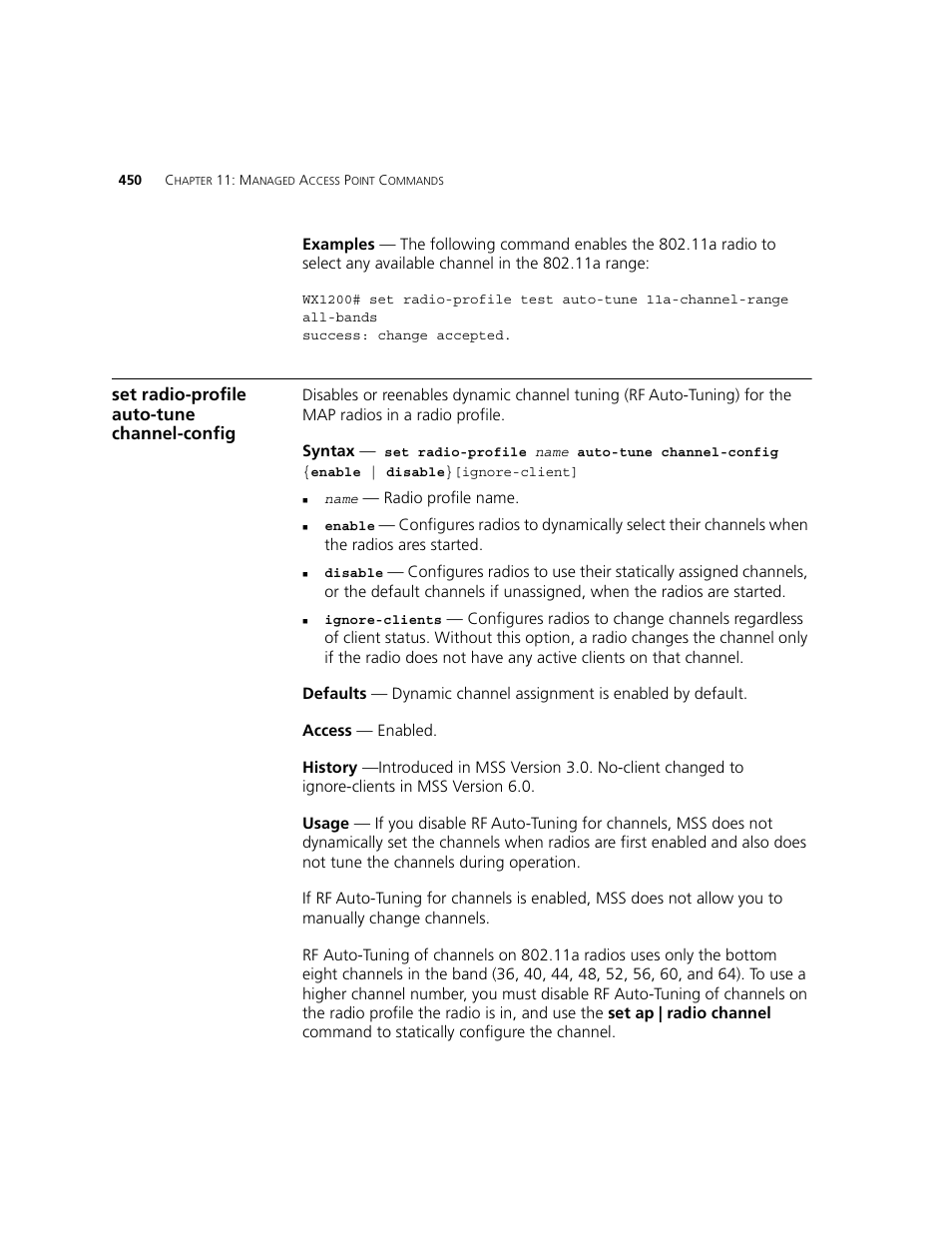 Set radio-profile auto-tune channel-config | 3Com WXR100 3CRWXR10095A User Manual | Page 450 / 800