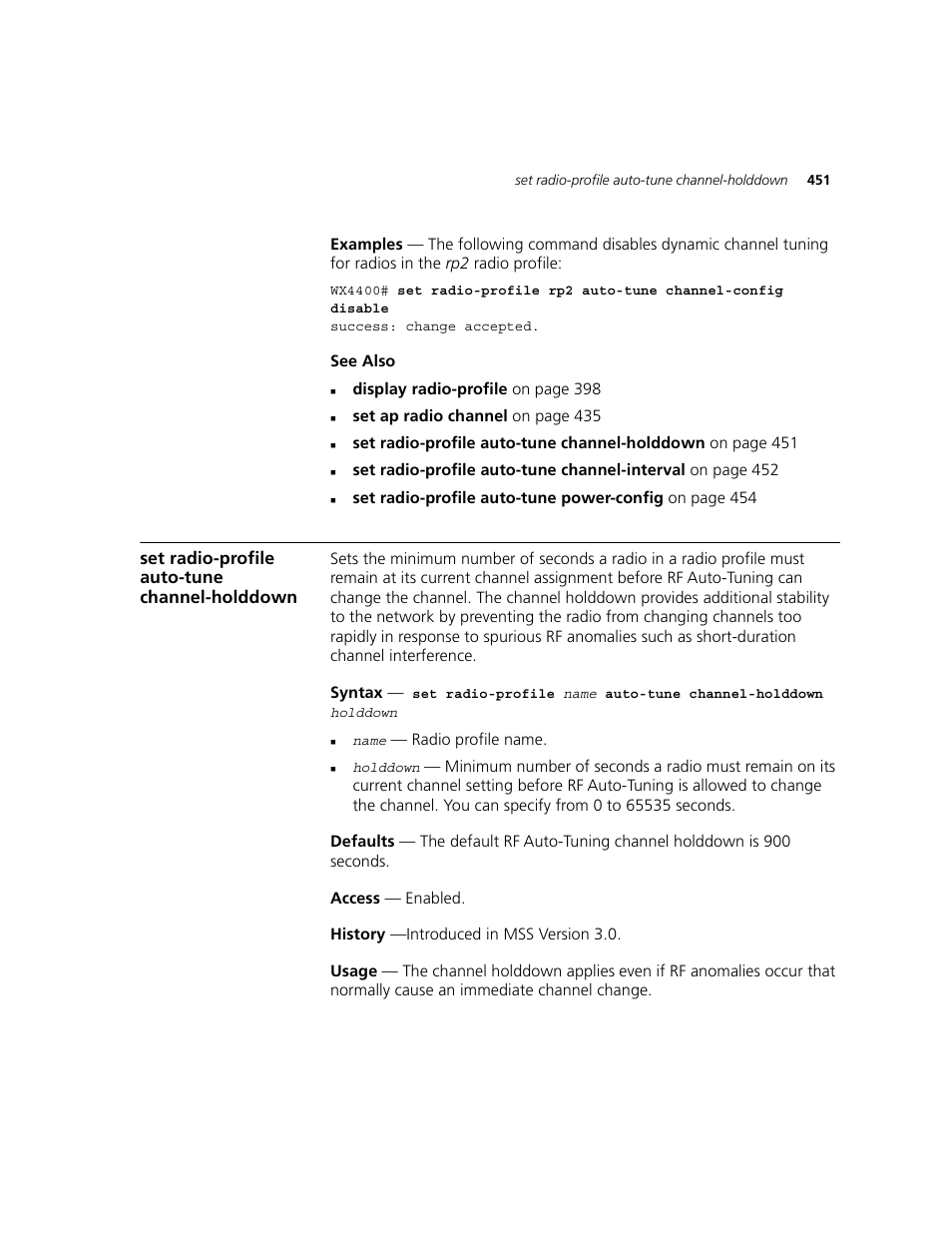 Set radio-profile auto-tune channel-holddown | 3Com WXR100 3CRWXR10095A User Manual | Page 451 / 800