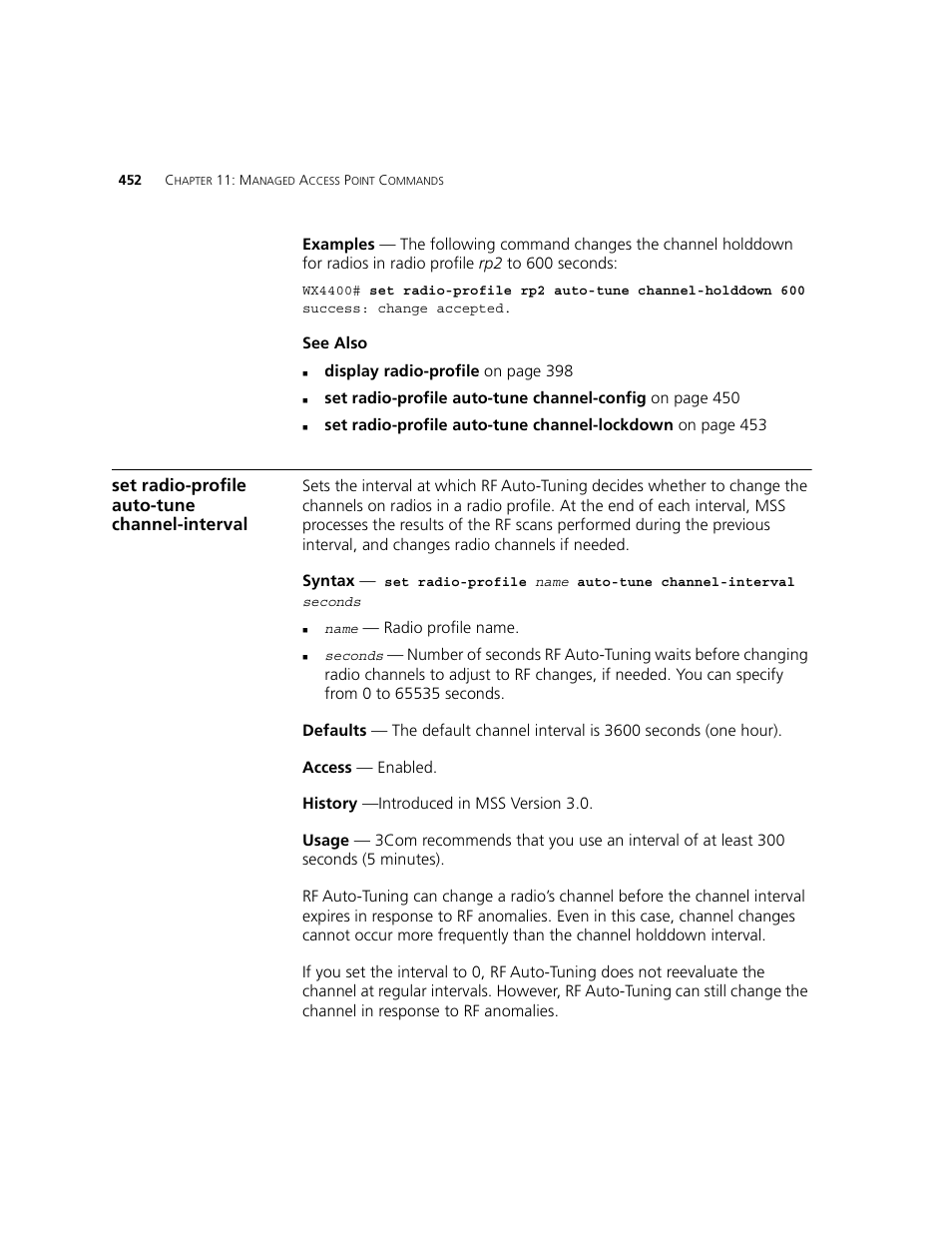 Set radio-profile auto-tune channel-interval | 3Com WXR100 3CRWXR10095A User Manual | Page 452 / 800