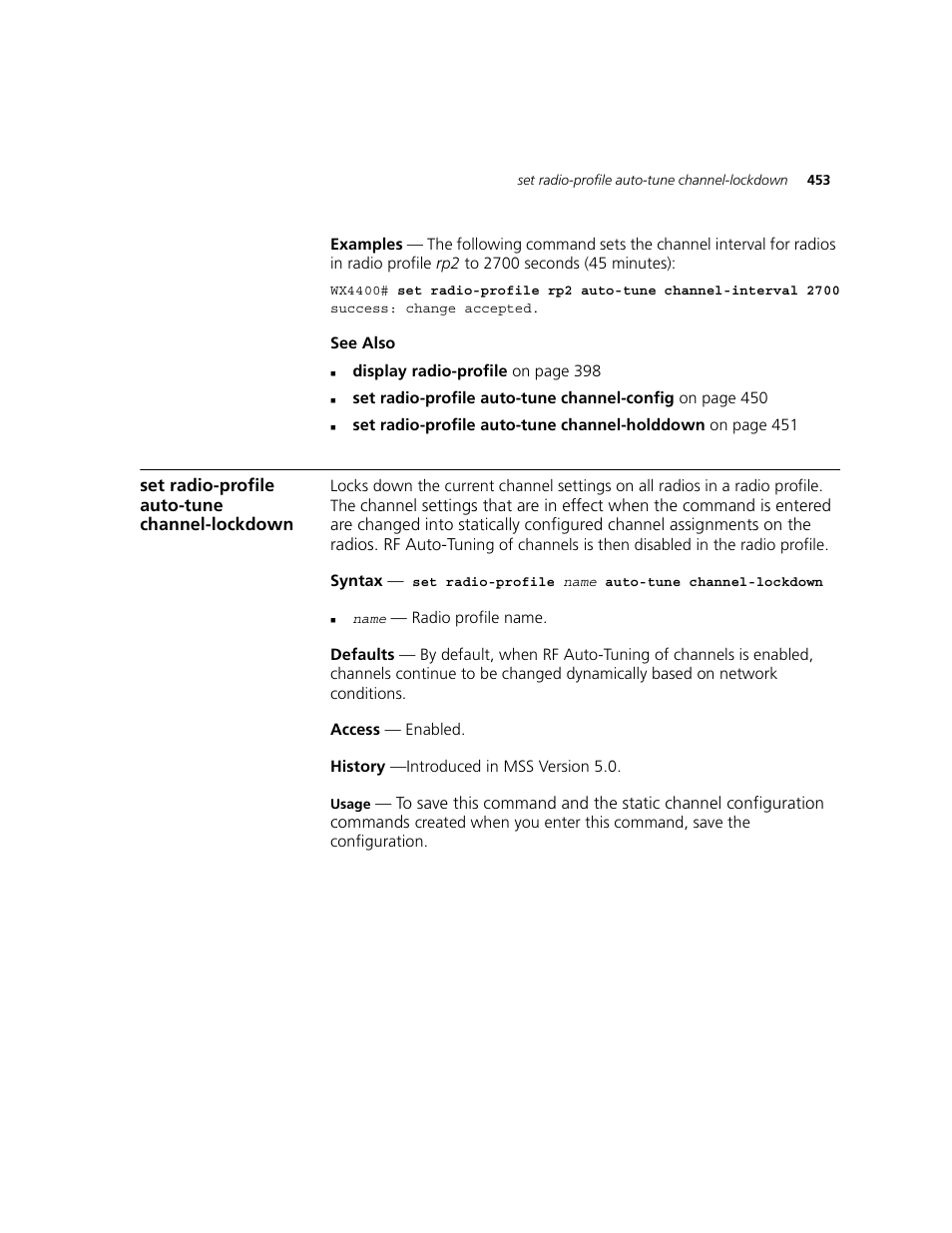 Set radio-profile auto-tune channel-lockdown | 3Com WXR100 3CRWXR10095A User Manual | Page 453 / 800