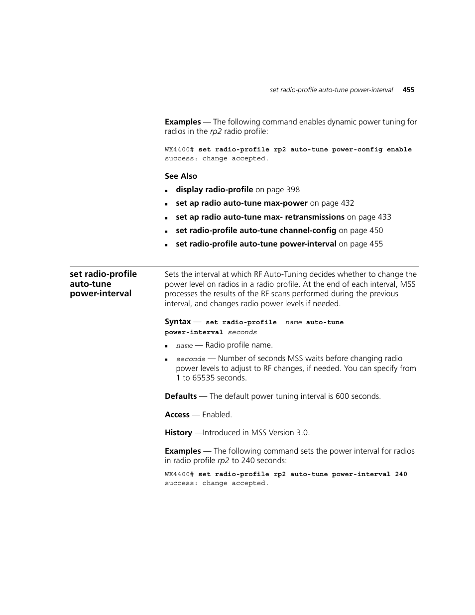 Set radio-profile auto-tune power-interval | 3Com WXR100 3CRWXR10095A User Manual | Page 455 / 800
