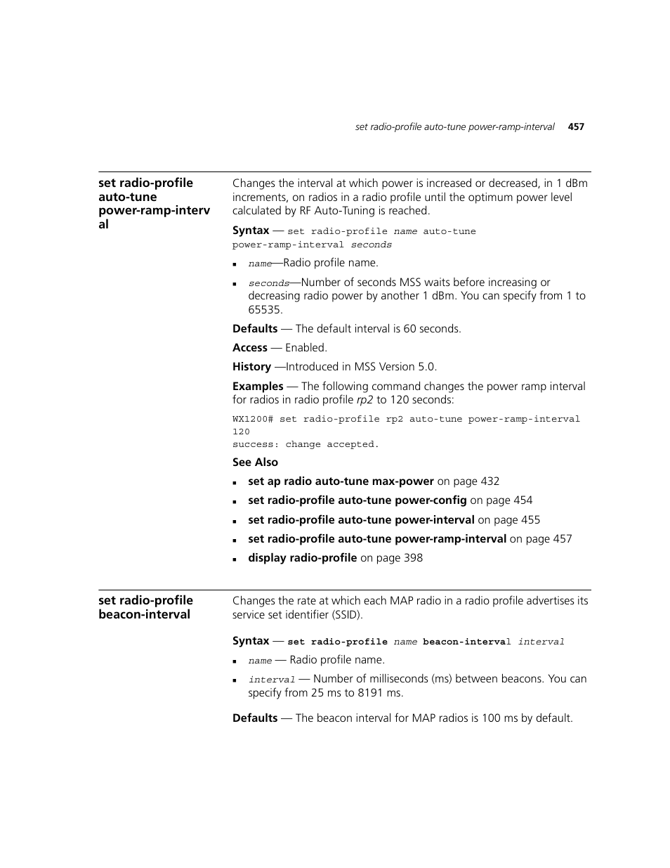 Set radio-profile auto-tune power-ramp-interv al, Set radio-profile beacon-interval, Set radio-profile auto-tune power-ramp-interval | 3Com WXR100 3CRWXR10095A User Manual | Page 457 / 800