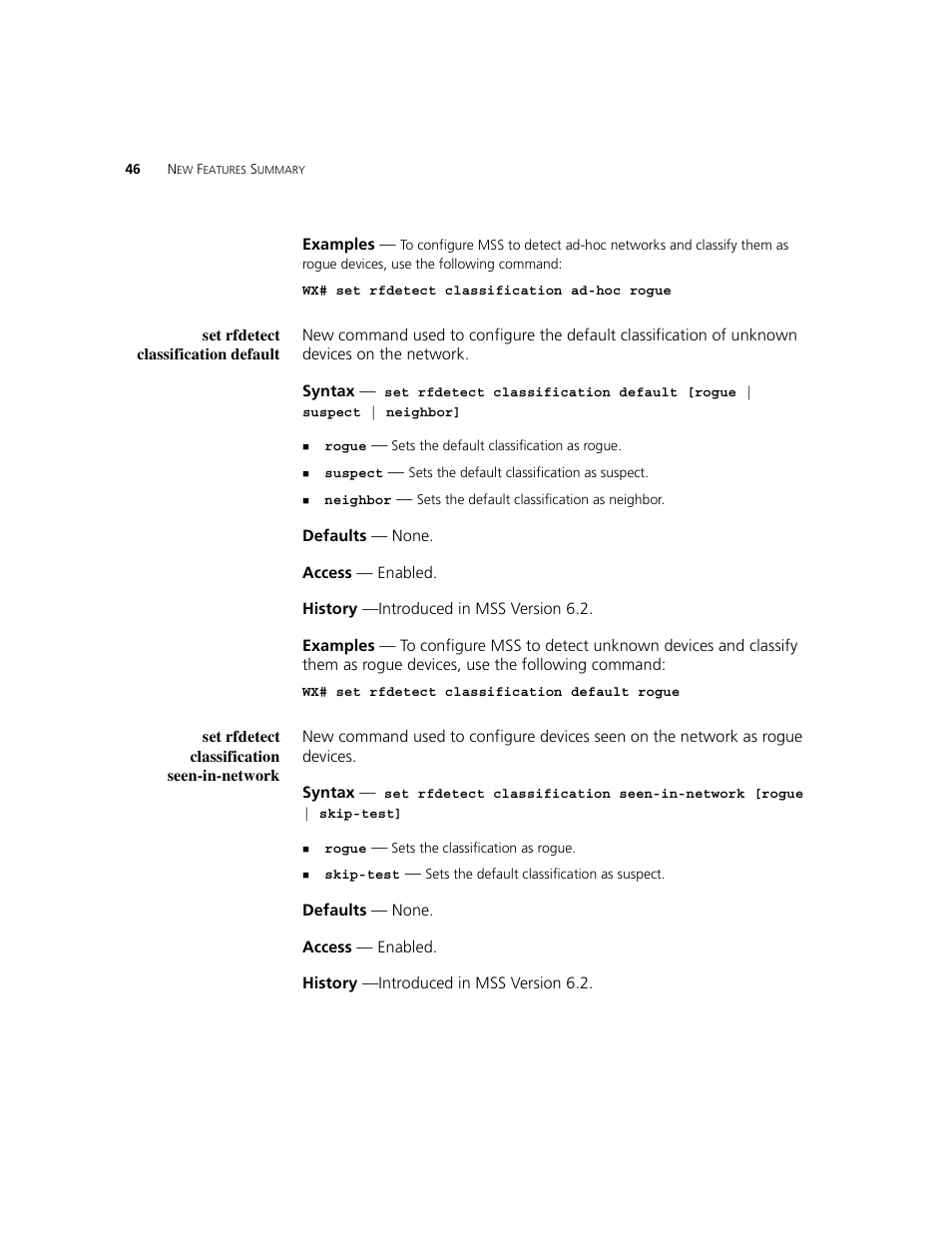 Set rfdetect classification default, Set rfdetect classification seen-in-network | 3Com WXR100 3CRWXR10095A User Manual | Page 46 / 800