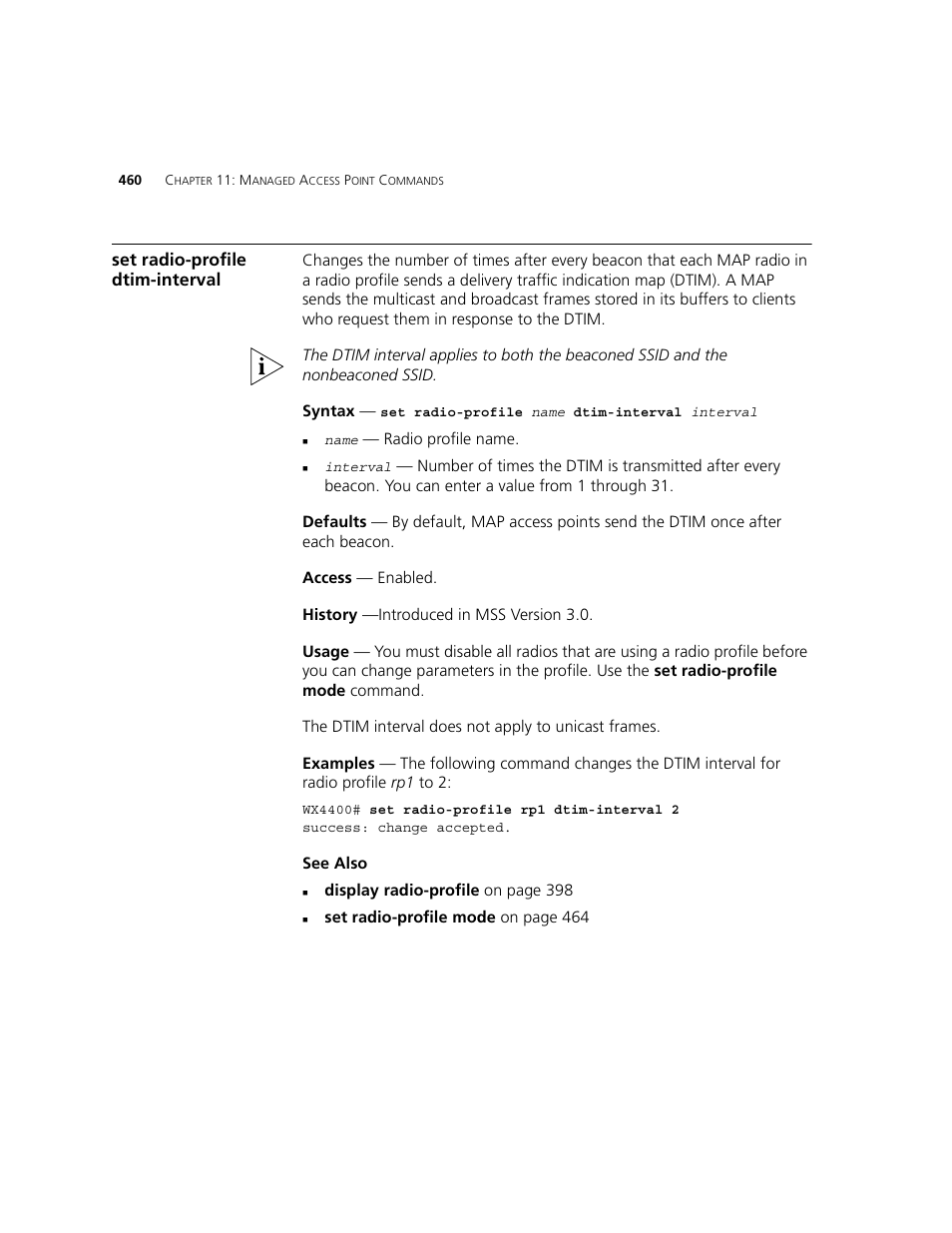 Set radio-profile dtim-interval | 3Com WXR100 3CRWXR10095A User Manual | Page 460 / 800