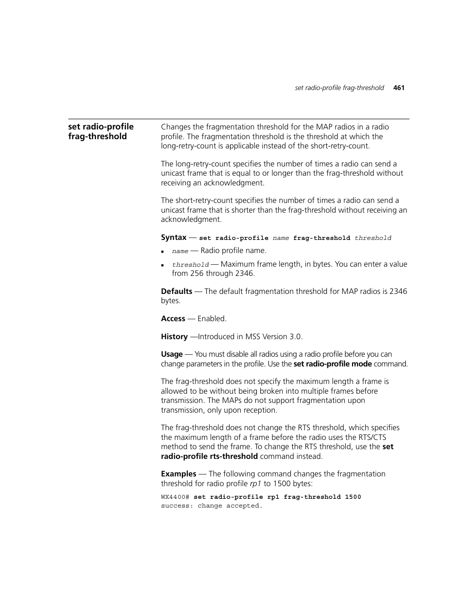 Set radio-profile frag-threshold | 3Com WXR100 3CRWXR10095A User Manual | Page 461 / 800