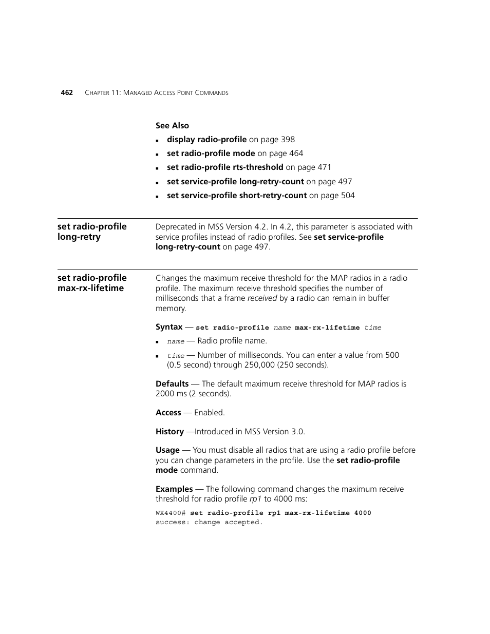 Set radio-profile long-retry, Set radio-profile max-rx-lifetime | 3Com WXR100 3CRWXR10095A User Manual | Page 462 / 800