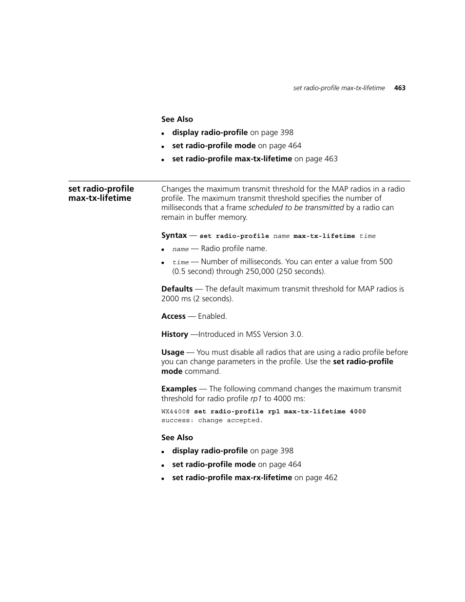 Set radio-profile max-tx-lifetime | 3Com WXR100 3CRWXR10095A User Manual | Page 463 / 800