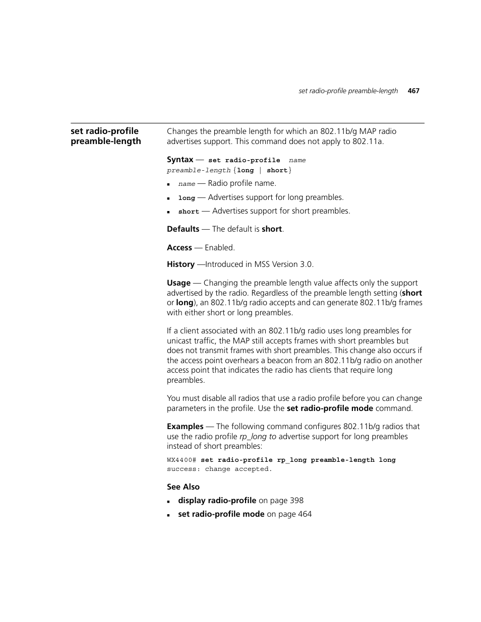 Set radio-profile preamble-length | 3Com WXR100 3CRWXR10095A User Manual | Page 467 / 800