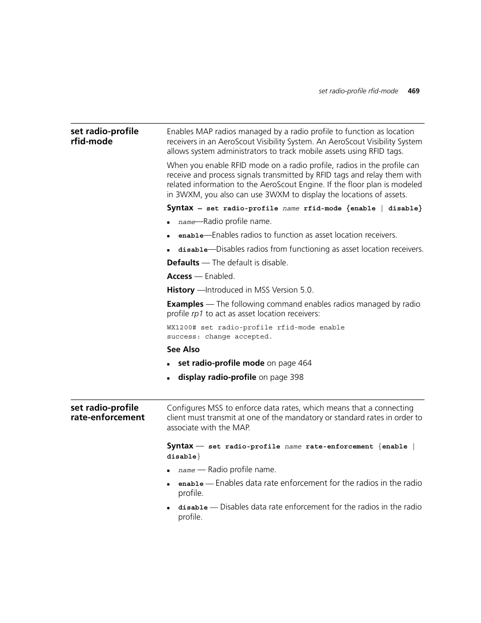 Set radio-profile rfid-mode, Set radio-profile rate-enforcement | 3Com WXR100 3CRWXR10095A User Manual | Page 469 / 800