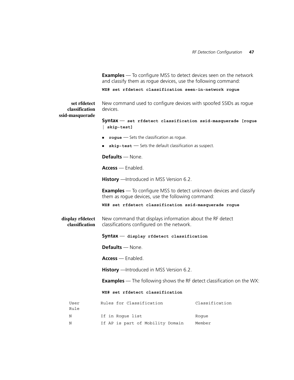 Set rfdetect classification ssid-masquerade, Display rfdetect classification | 3Com WXR100 3CRWXR10095A User Manual | Page 47 / 800