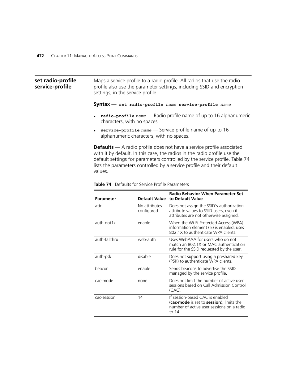 Set radio-profile service-profile | 3Com WXR100 3CRWXR10095A User Manual | Page 472 / 800