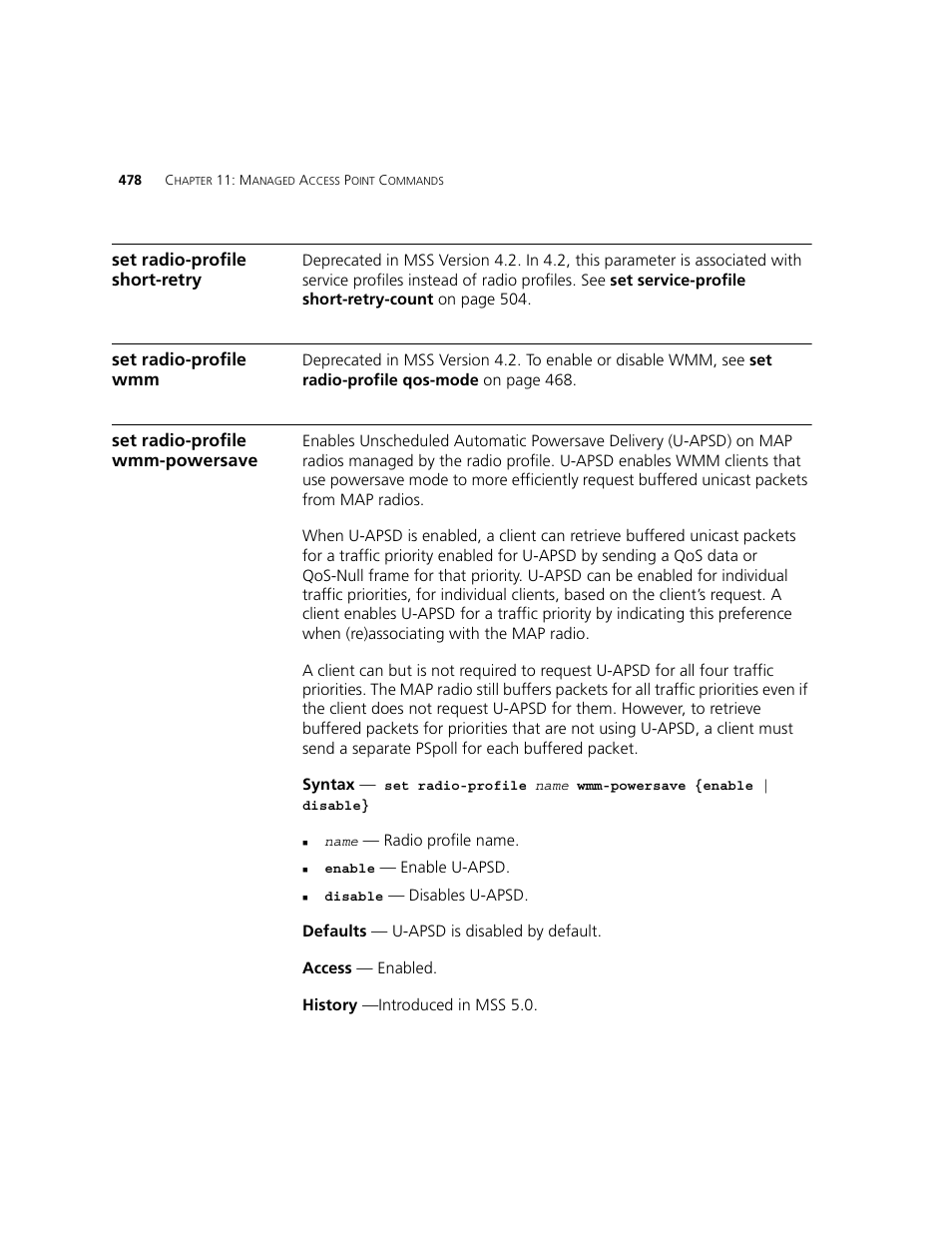 Set radio-profile short-retry, Set radio-profile wmm, Set radio-profile wmm-powersave | 3Com WXR100 3CRWXR10095A User Manual | Page 478 / 800