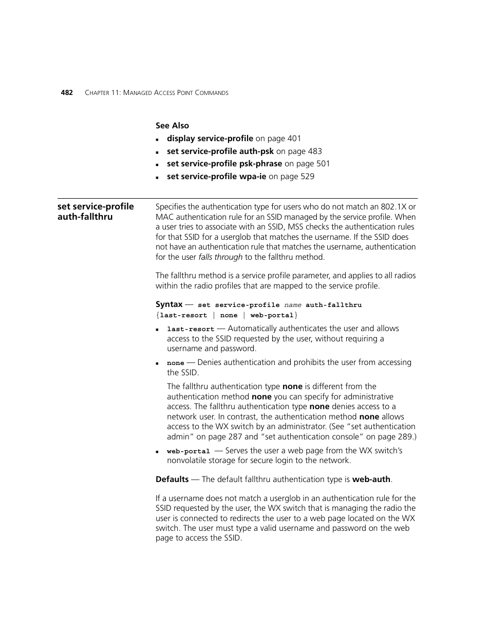 Set service-profile auth-fallthru | 3Com WXR100 3CRWXR10095A User Manual | Page 482 / 800