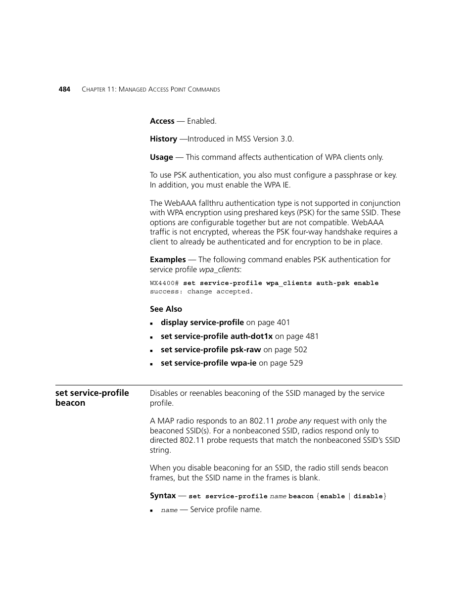 Set service-profile beacon | 3Com WXR100 3CRWXR10095A User Manual | Page 484 / 800