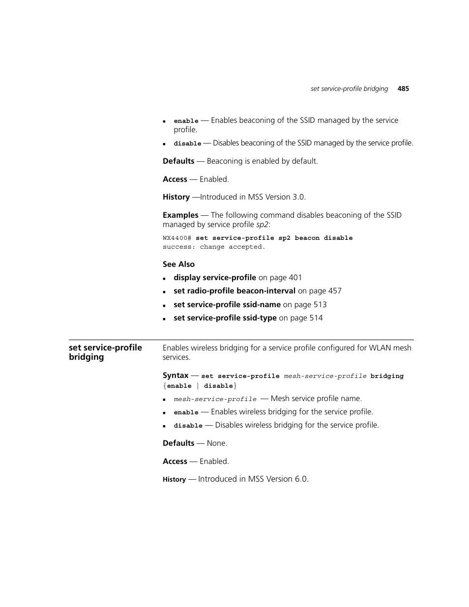 Set service-profile bridging | 3Com WXR100 3CRWXR10095A User Manual | Page 485 / 800