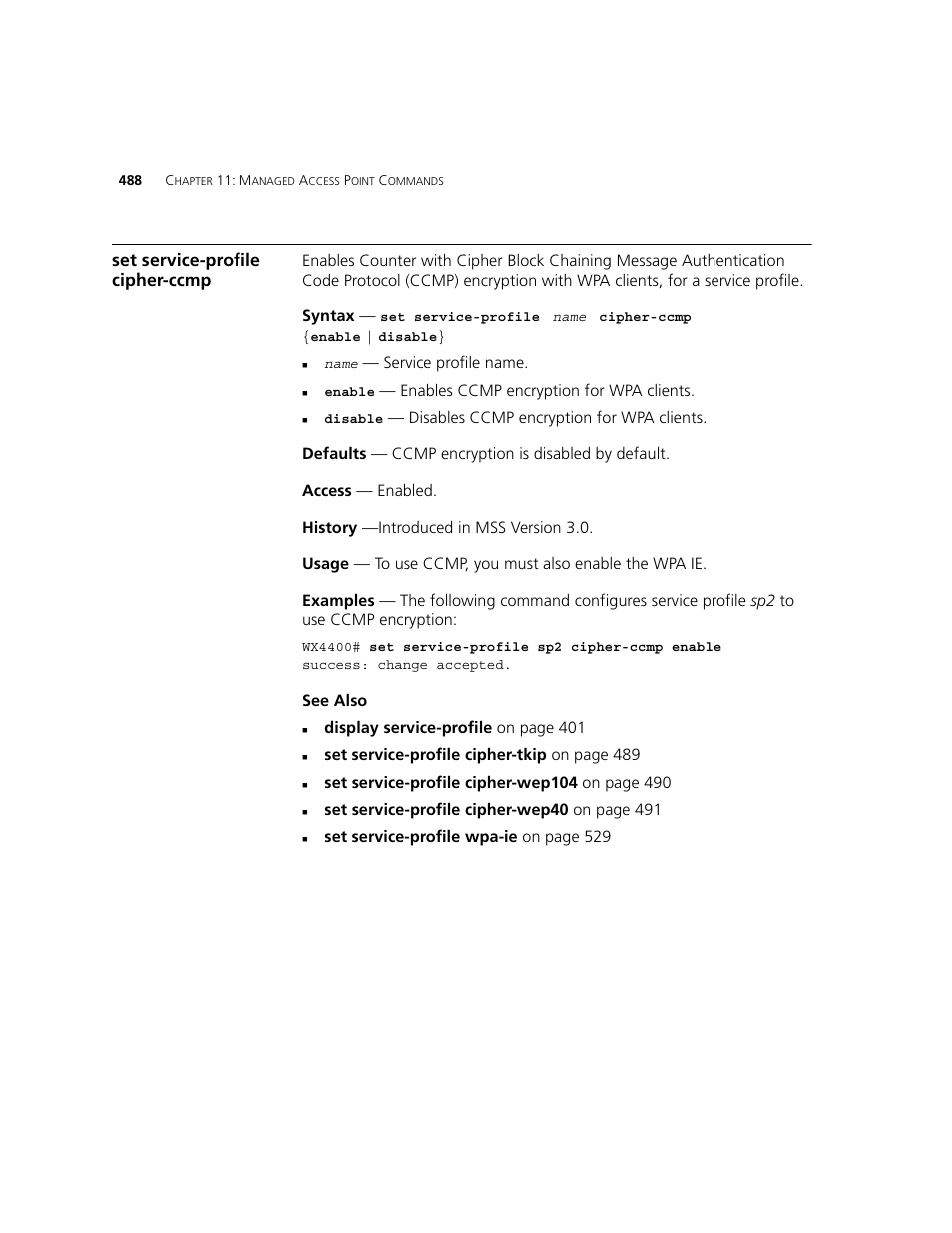 Set service-profile cipher-ccmp | 3Com WXR100 3CRWXR10095A User Manual | Page 488 / 800
