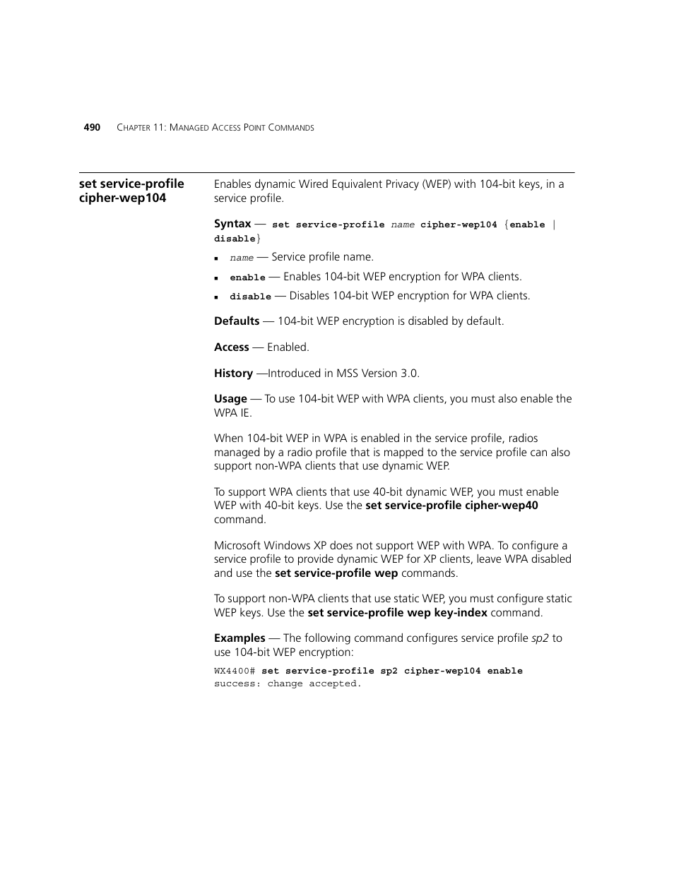 Set service-profile cipher-wep104 | 3Com WXR100 3CRWXR10095A User Manual | Page 490 / 800