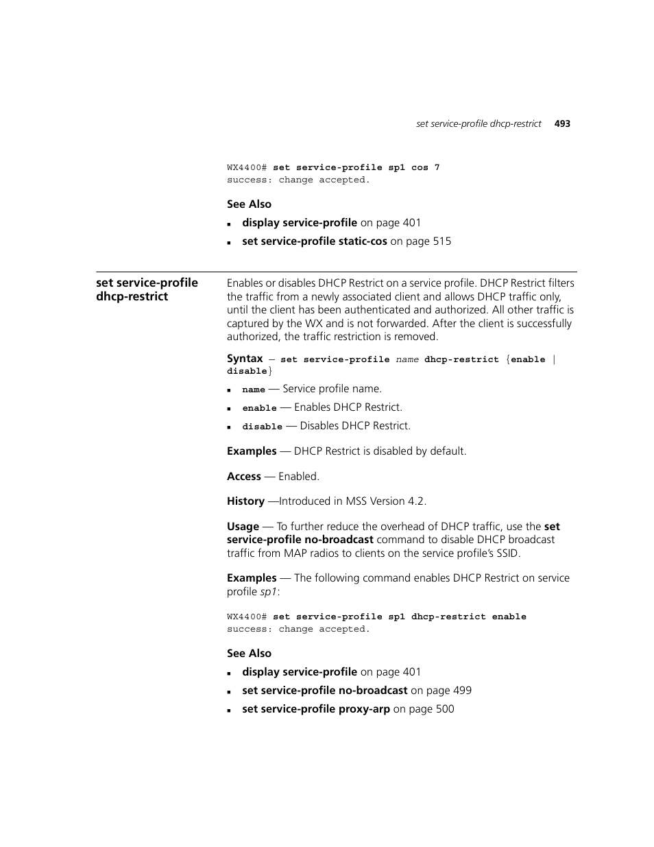 Set service-profile dhcp-restrict | 3Com WXR100 3CRWXR10095A User Manual | Page 493 / 800