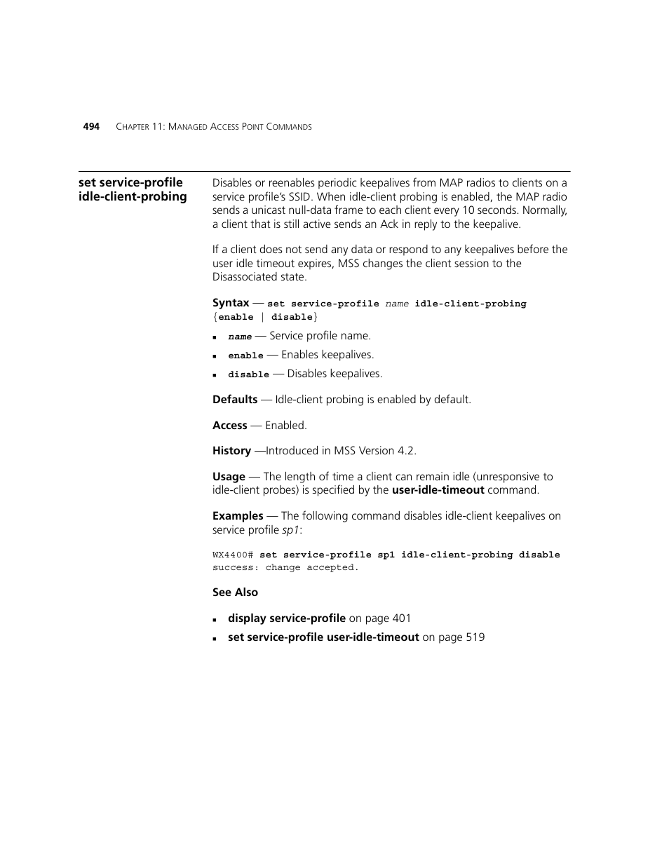 Set service-profile idle-client-probing | 3Com WXR100 3CRWXR10095A User Manual | Page 494 / 800