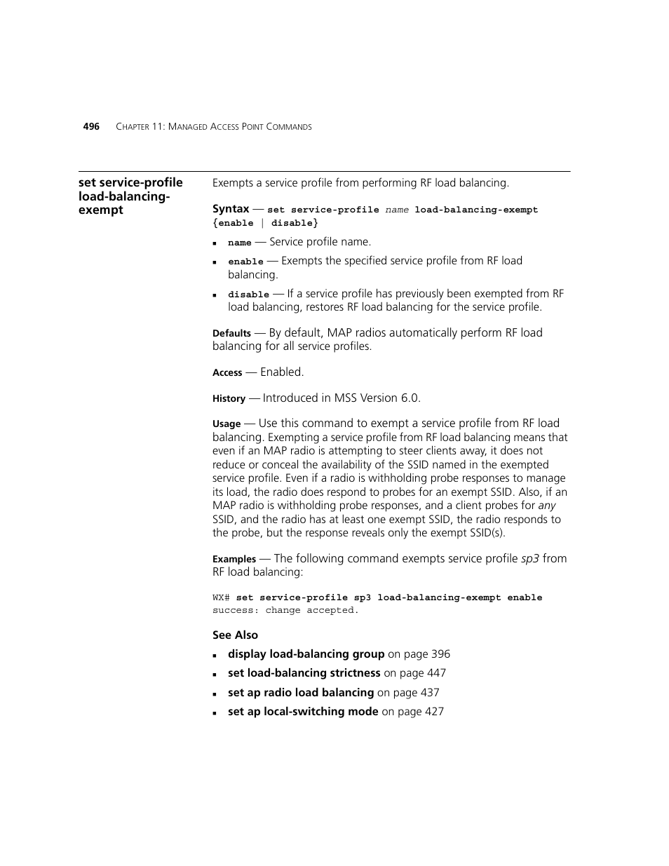Set service-profile load-balancing- exempt | 3Com WXR100 3CRWXR10095A User Manual | Page 496 / 800