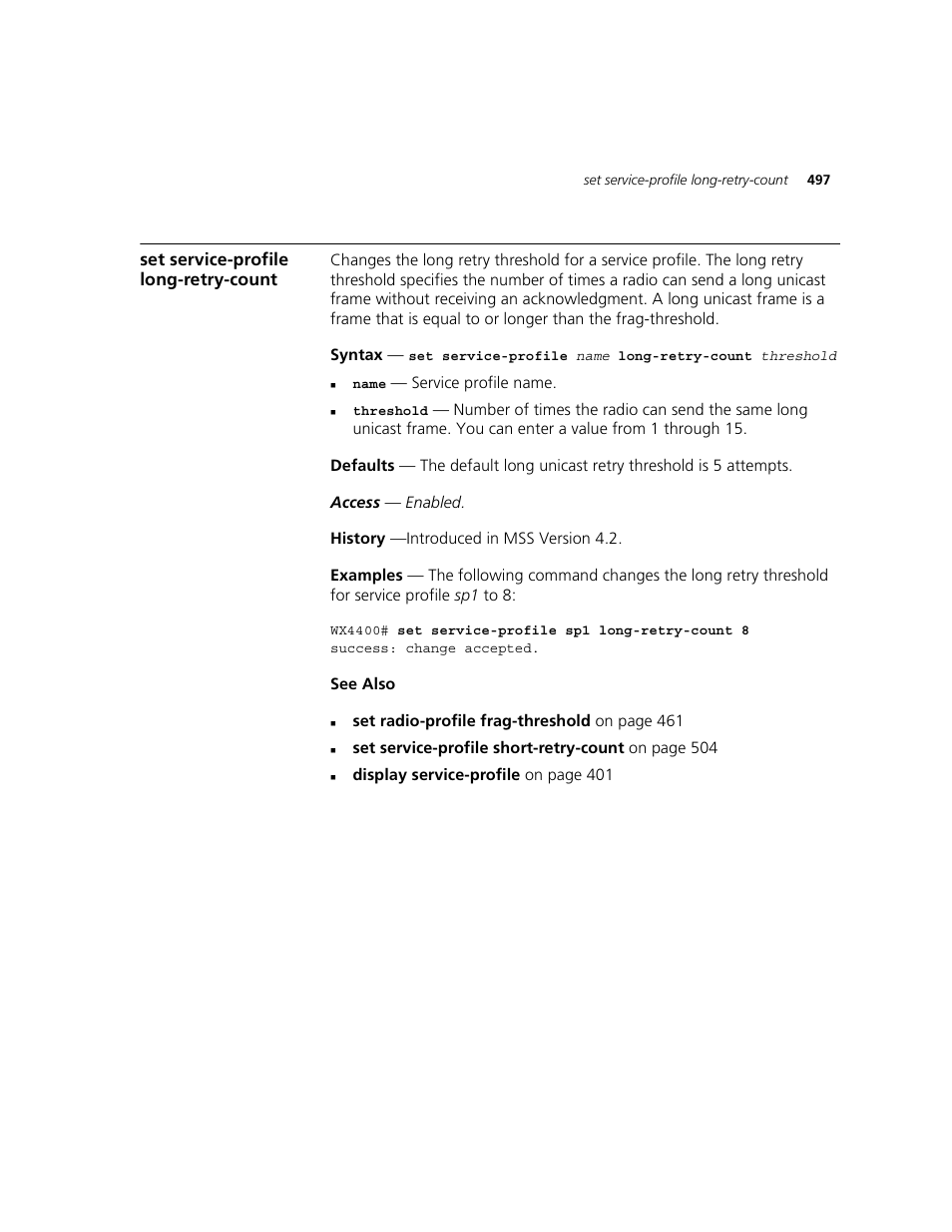 Set service-profile long-retry-count | 3Com WXR100 3CRWXR10095A User Manual | Page 497 / 800