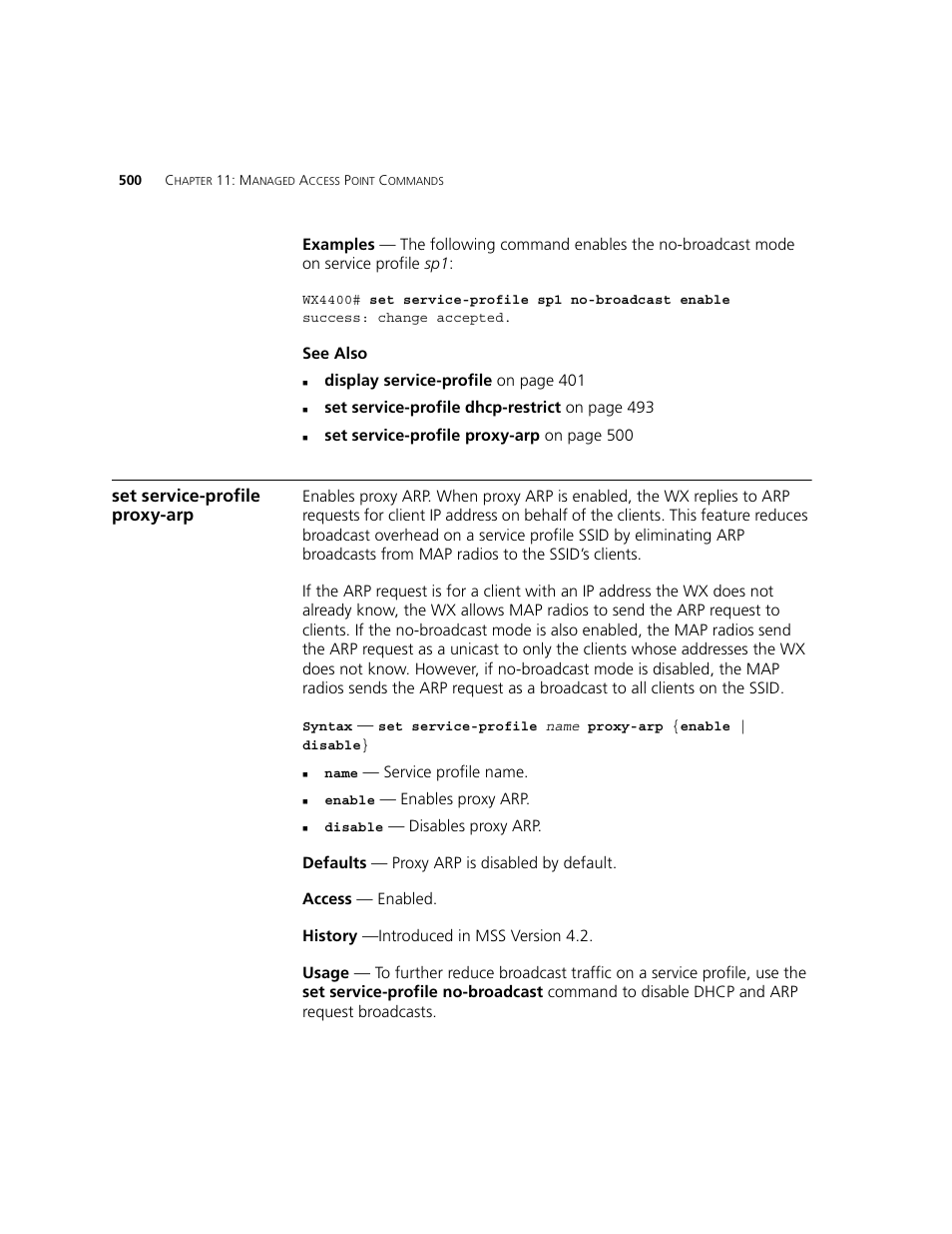 Set service-profile proxy-arp | 3Com WXR100 3CRWXR10095A User Manual | Page 500 / 800