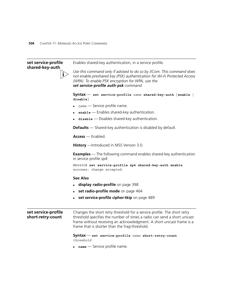 Set service-profile shared-key-auth, Set service-profile short-retry-count | 3Com WXR100 3CRWXR10095A User Manual | Page 504 / 800