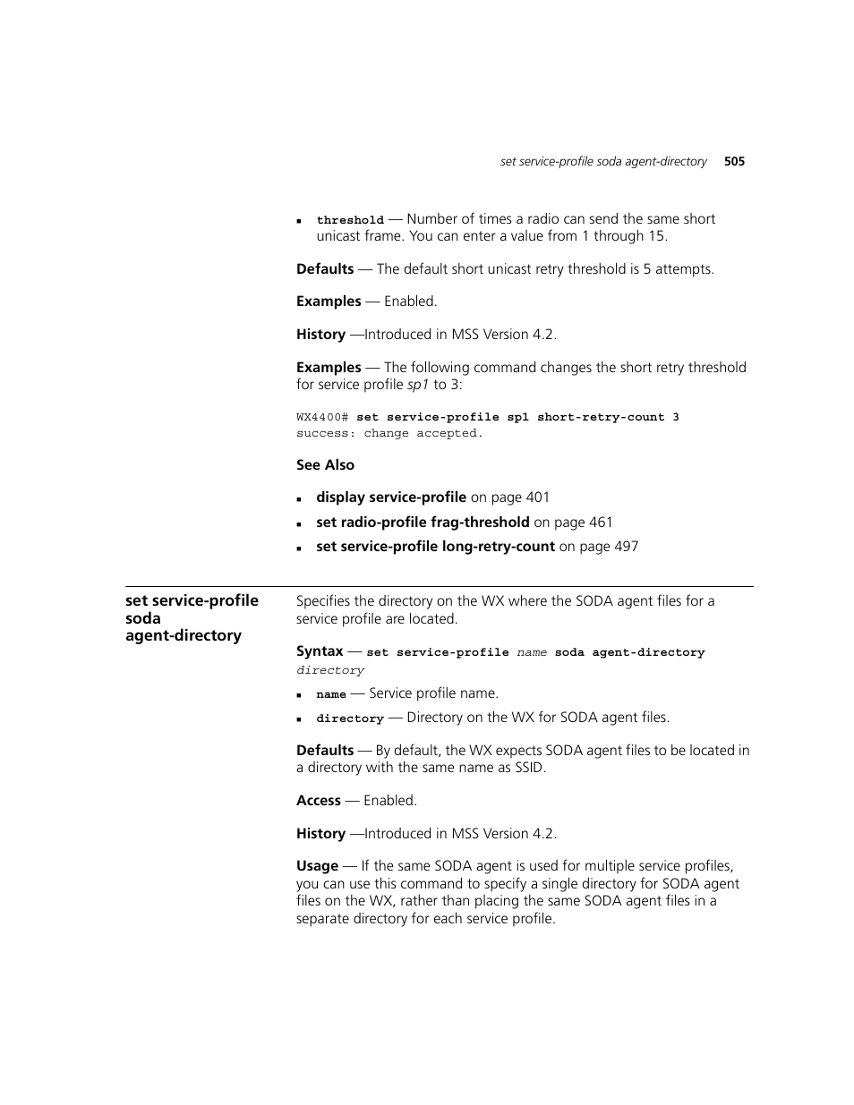 Set service-profile soda agent-directory | 3Com WXR100 3CRWXR10095A User Manual | Page 505 / 800