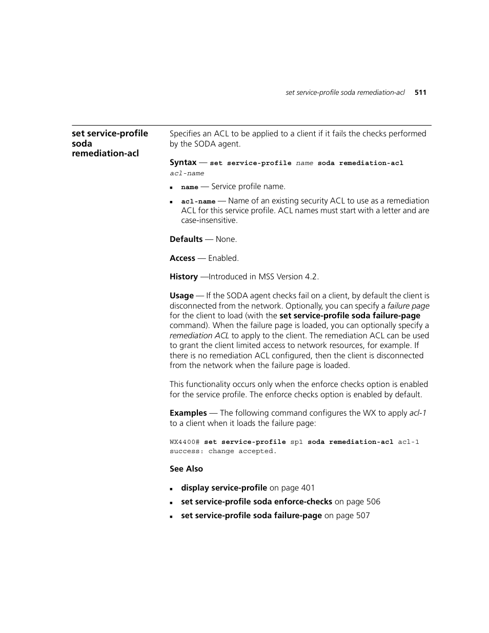Set service-profile soda remediation-acl | 3Com WXR100 3CRWXR10095A User Manual | Page 511 / 800