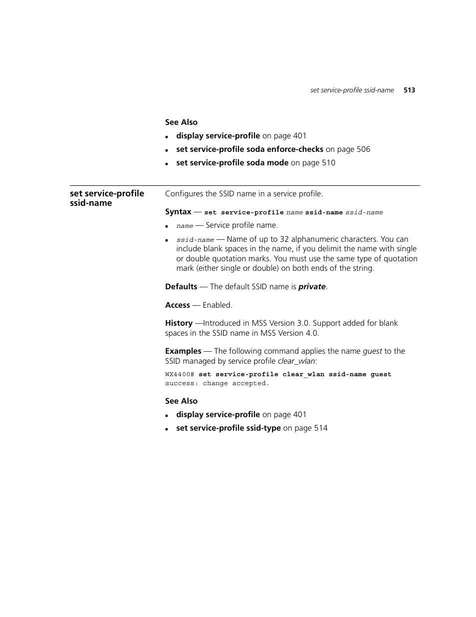 Set service-profile ssid-name | 3Com WXR100 3CRWXR10095A User Manual | Page 513 / 800