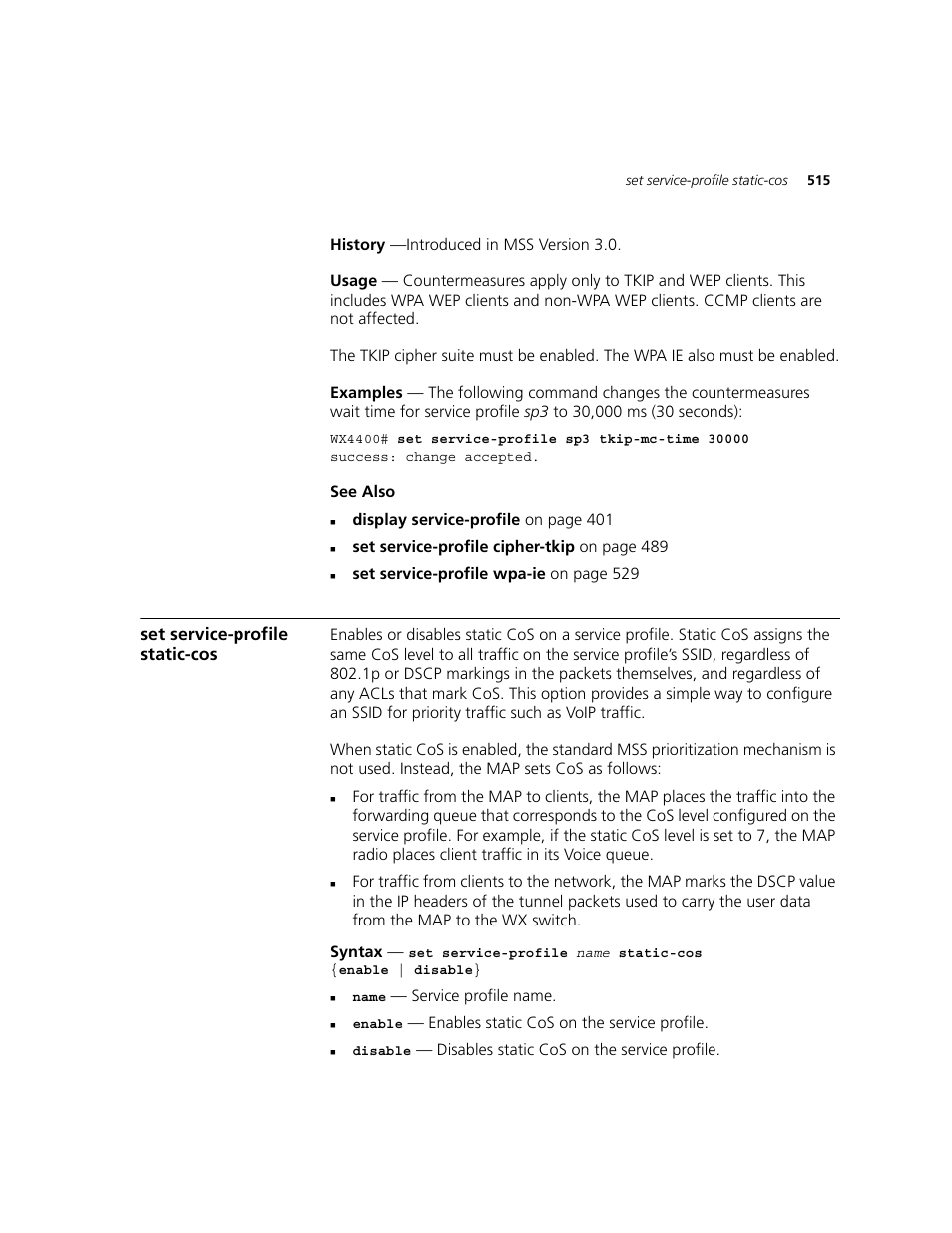 Set service-profile static-cos | 3Com WXR100 3CRWXR10095A User Manual | Page 515 / 800