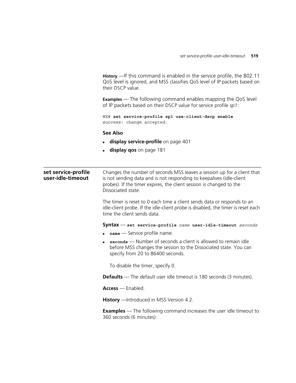 Set service-profile user-idle-timeout | 3Com WXR100 3CRWXR10095A User Manual | Page 519 / 800