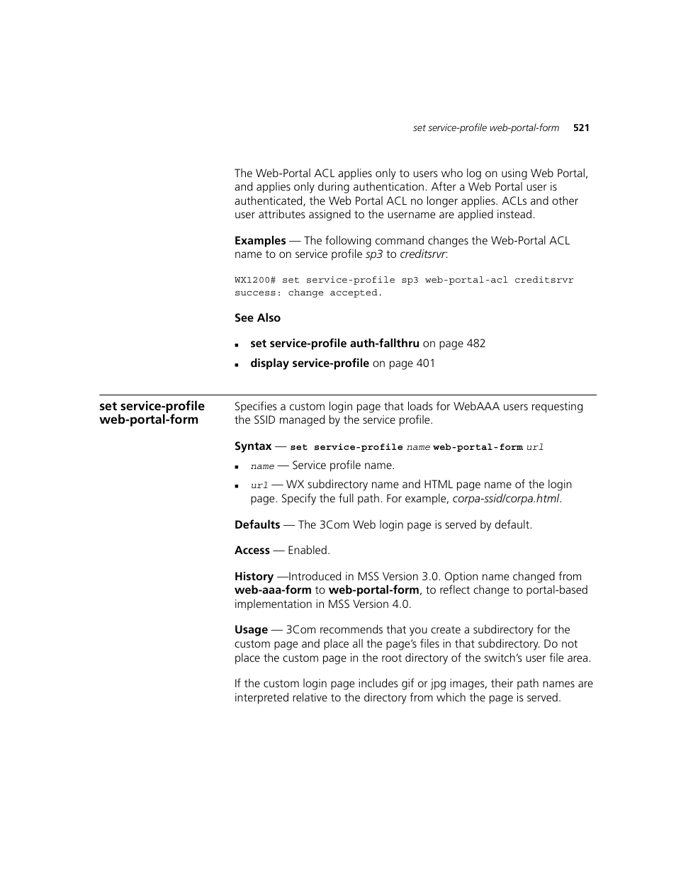 Set service-profile web-portal-form | 3Com WXR100 3CRWXR10095A User Manual | Page 521 / 800