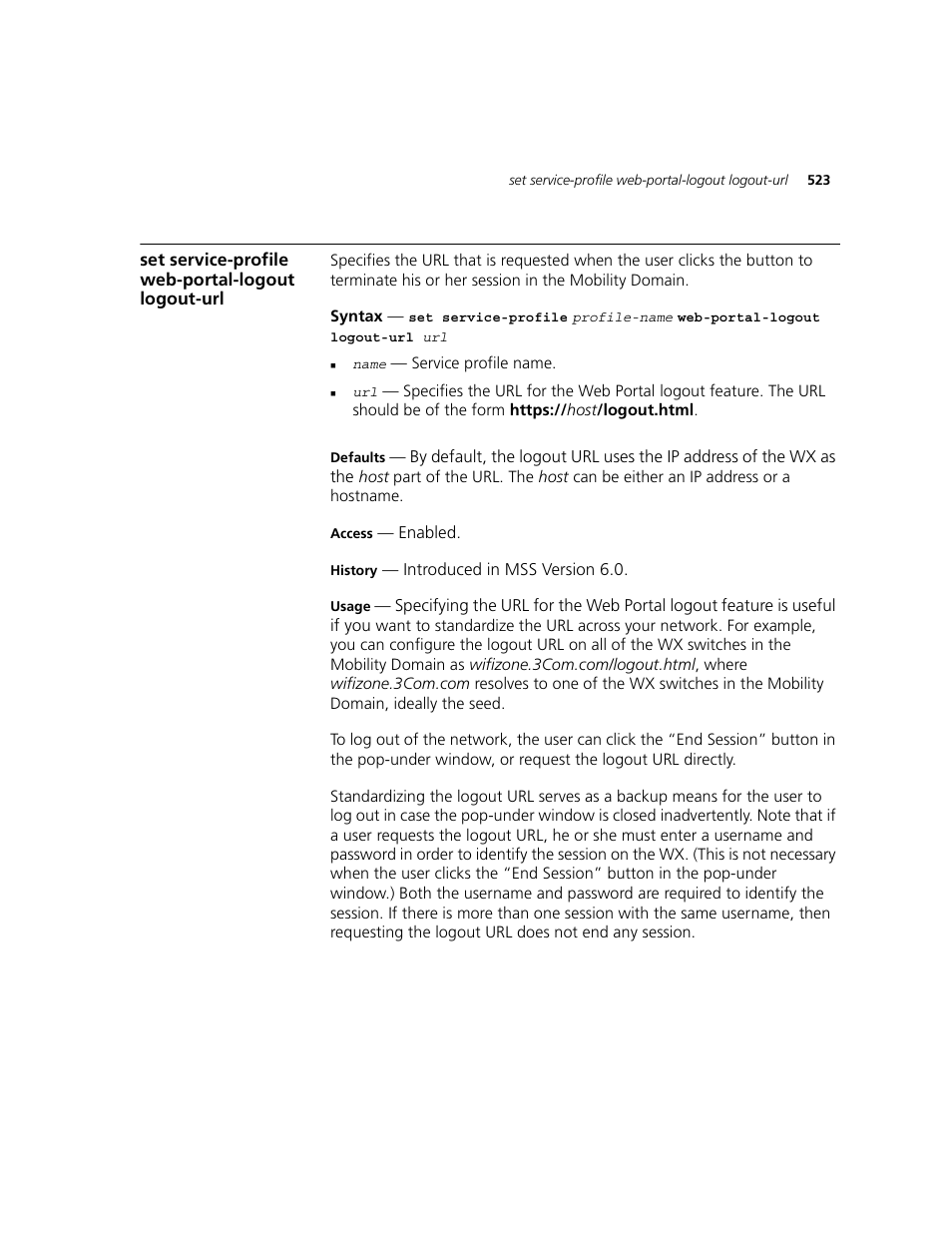 Set service-profile web-portal-logout logout-url | 3Com WXR100 3CRWXR10095A User Manual | Page 523 / 800