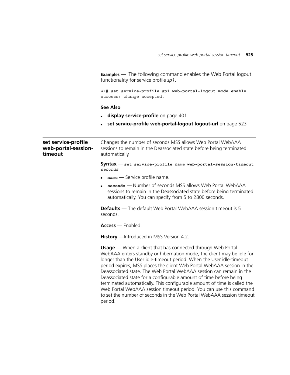 Set service-profile web-portal-session- timeout, Set service-profile web-portal-session-timeout | 3Com WXR100 3CRWXR10095A User Manual | Page 525 / 800