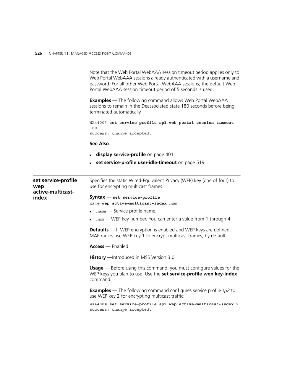 Set service-profile wep active-multicast- index | 3Com WXR100 3CRWXR10095A User Manual | Page 526 / 800