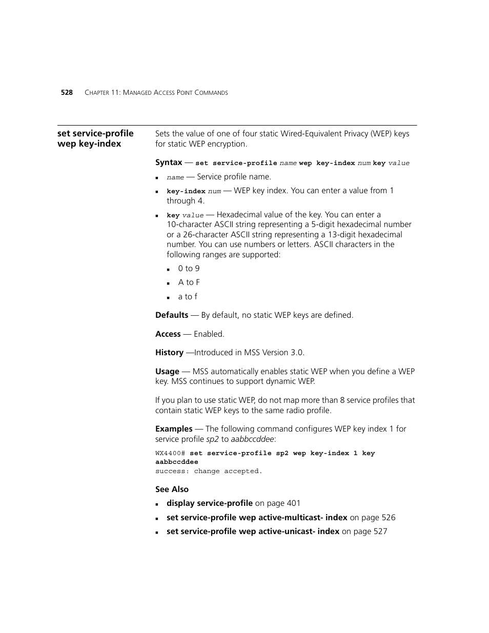 Set service-profile wep key-index | 3Com WXR100 3CRWXR10095A User Manual | Page 528 / 800