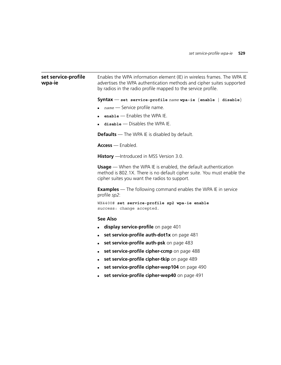 Set service-profile wpa-ie | 3Com WXR100 3CRWXR10095A User Manual | Page 529 / 800