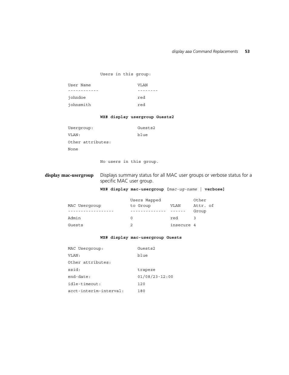 Display mac-usergroup | 3Com WXR100 3CRWXR10095A User Manual | Page 53 / 800