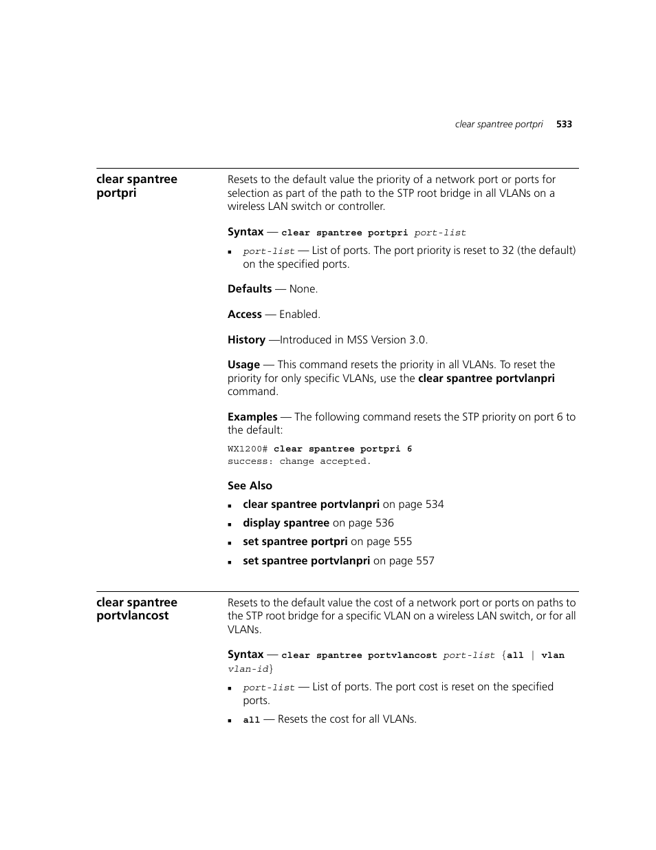 Clear spantree portpri, Clear spantree portvlancost | 3Com WXR100 3CRWXR10095A User Manual | Page 533 / 800