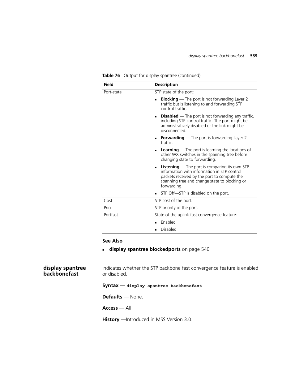 Display spantree backbonefast | 3Com WXR100 3CRWXR10095A User Manual | Page 539 / 800