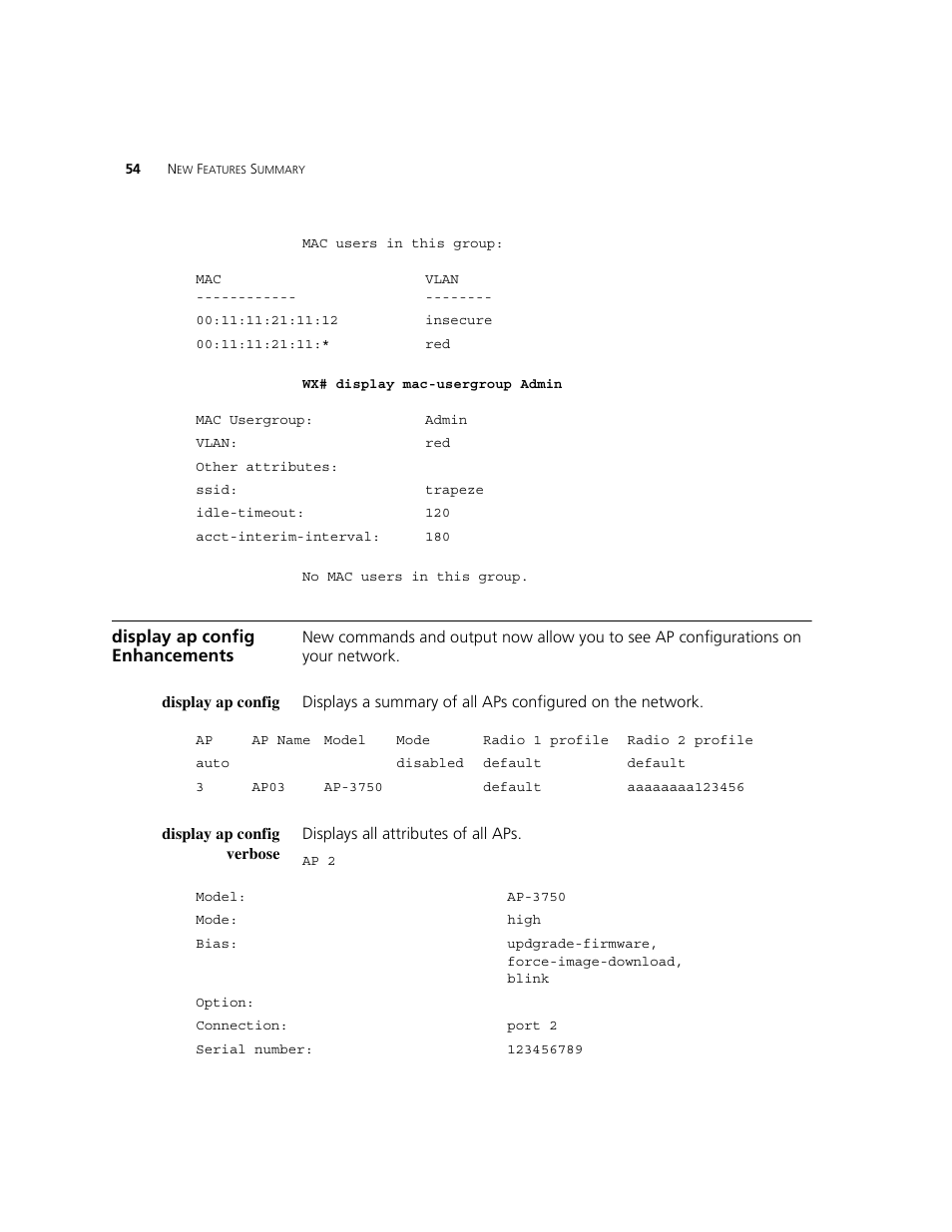 Display ap config enhancements, Display ap config, Display ap config verbose | 3Com WXR100 3CRWXR10095A User Manual | Page 54 / 800