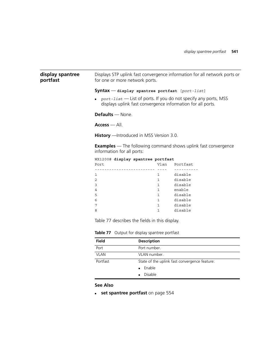 Display spantree portfast | 3Com WXR100 3CRWXR10095A User Manual | Page 541 / 800