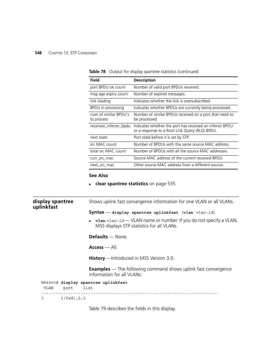 Display spantree uplinkfast | 3Com WXR100 3CRWXR10095A User Manual | Page 548 / 800