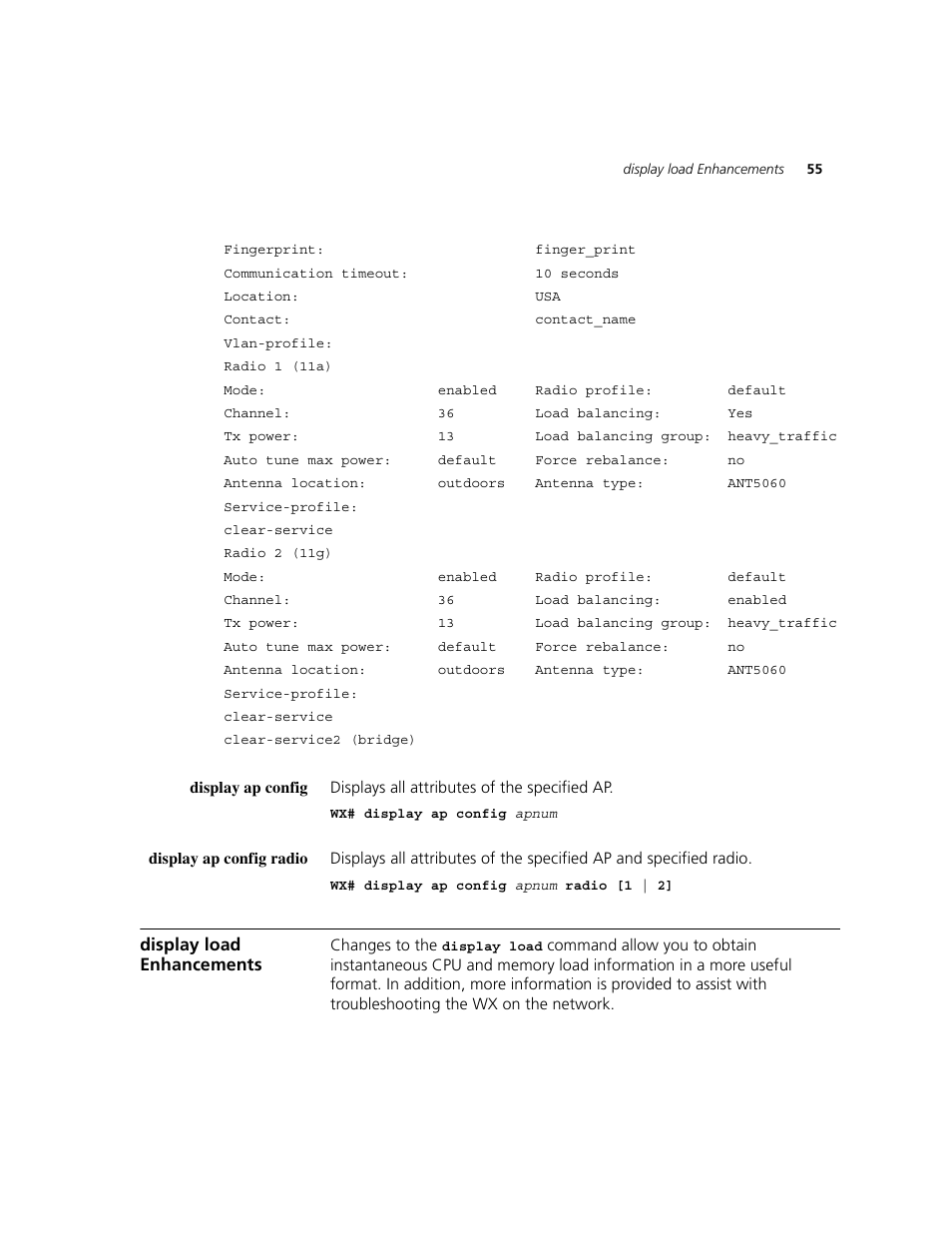 Display ap config, Display ap config radio, Display load enhancements | 3Com WXR100 3CRWXR10095A User Manual | Page 55 / 800