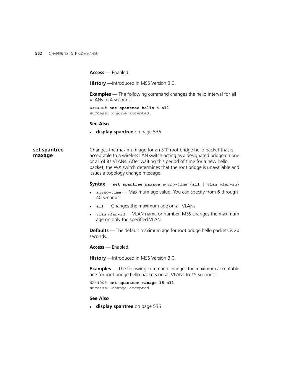 Set spantree maxage | 3Com WXR100 3CRWXR10095A User Manual | Page 552 / 800