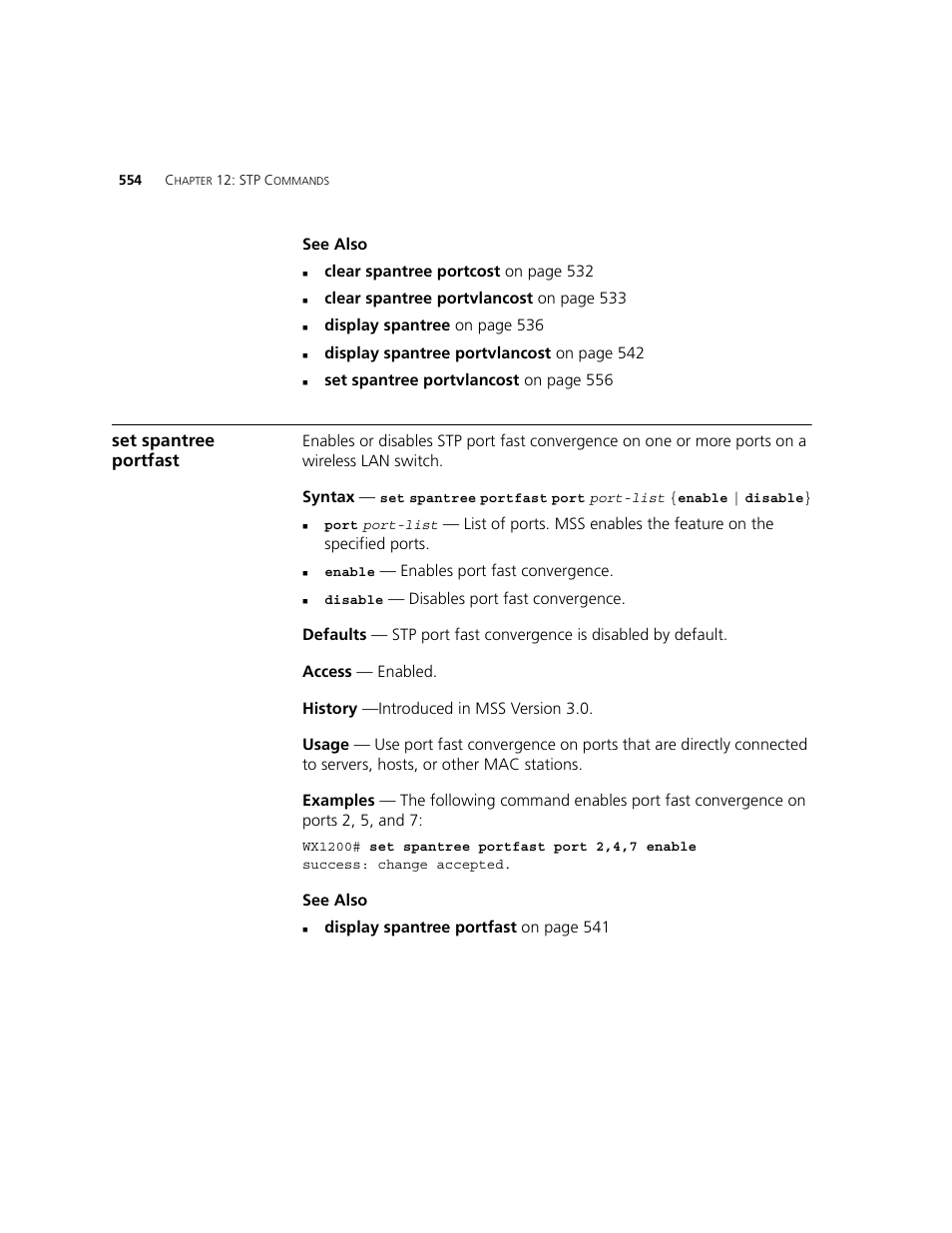Set spantree portfast | 3Com WXR100 3CRWXR10095A User Manual | Page 554 / 800